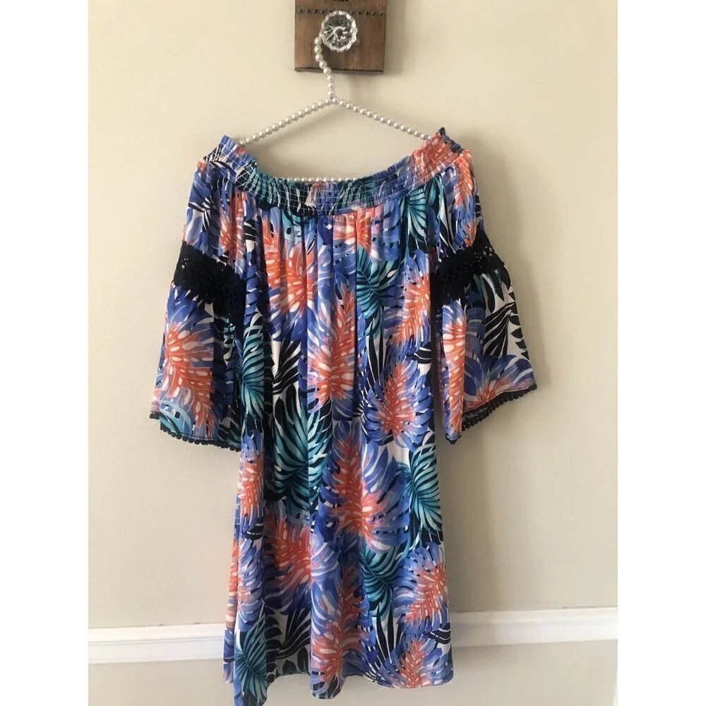 Jennifer Lopez Womens Size Small Paradise Palms Off  Shoulder Dress Crochet Trim - Picture 4 of 7